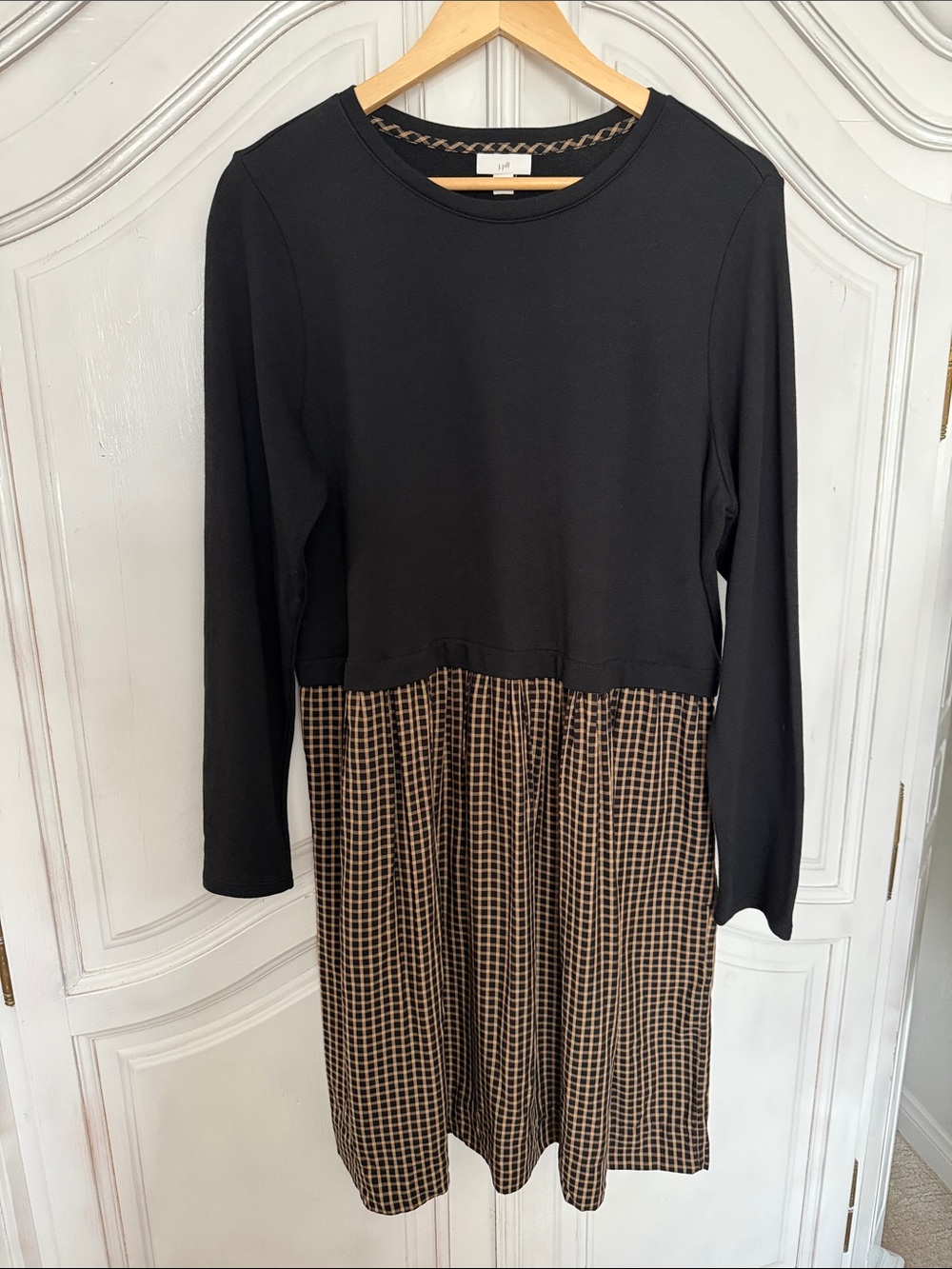 J.Jill Black Brown Plaid Long Sleeve Midi Dress Lagenlook Fall Minimalist Size L